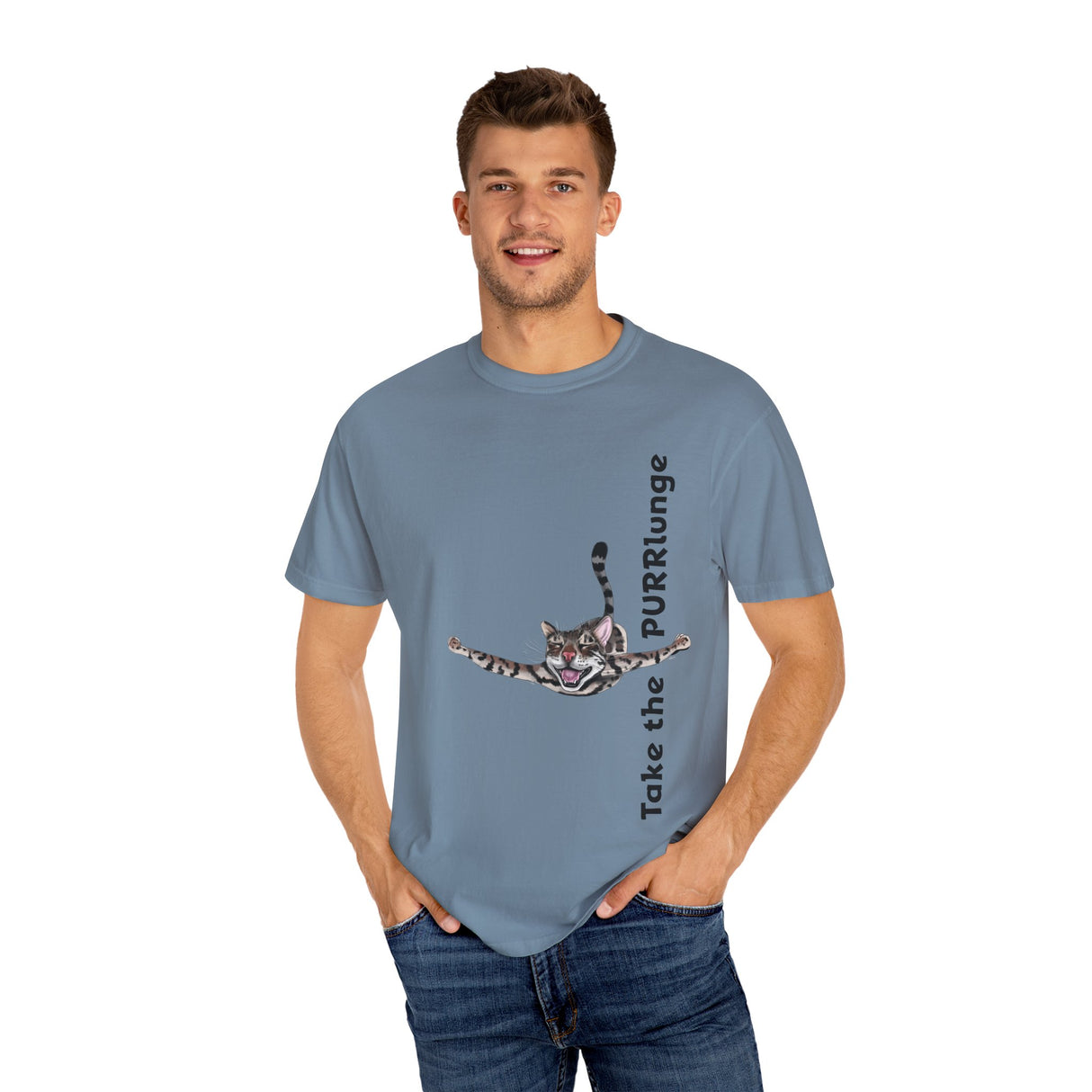 Purr-lunge Unisex T-shirt with Flounder the Purrmaid Design