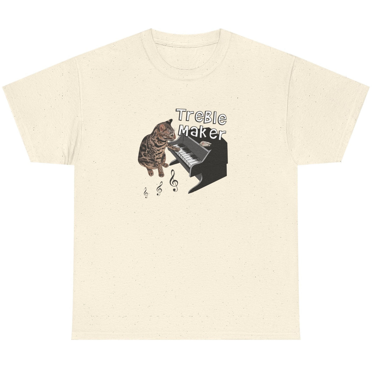 T-Shirt Treble Maker featuring Flounder the Purrmaid Playing Piano Design, shown in Natural