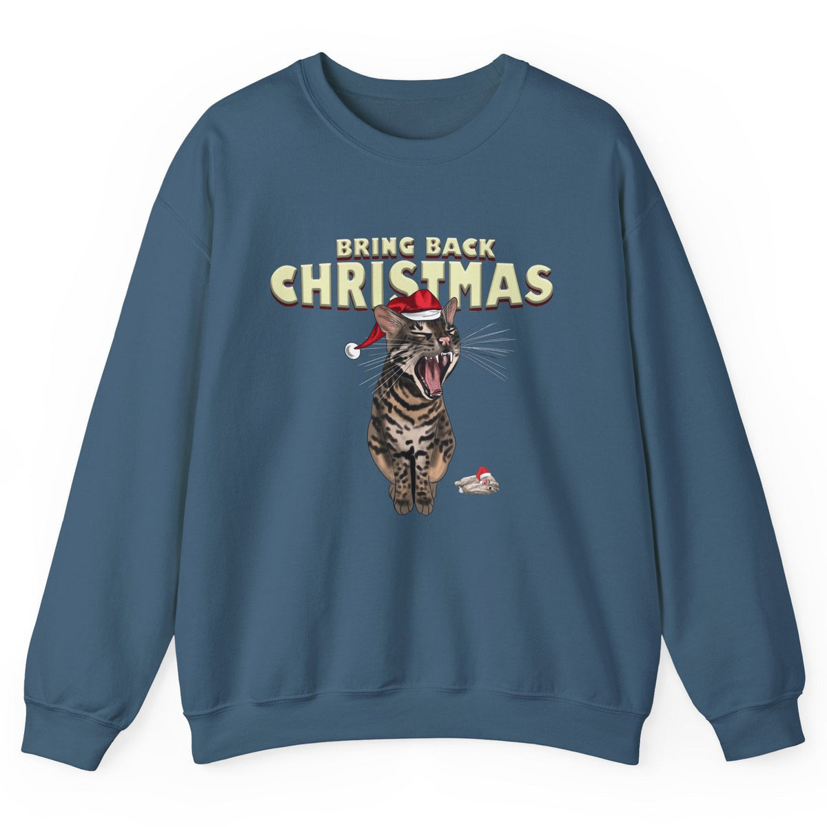 Flounder Cat “Bring Back Christmas” Unisex Crewneck Sweatshirt - Festive Cozy Wear, shown in Indigo Blue