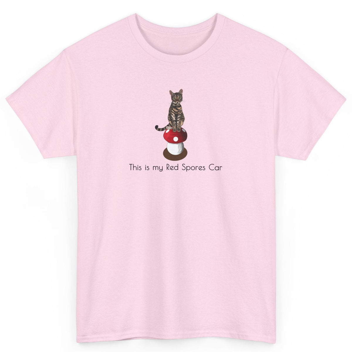 Red Spores Car Unisex Heavy Cotton Tee featuring Flounder and Mouse Toy on the Magical Mushroom, shown in Light Pink