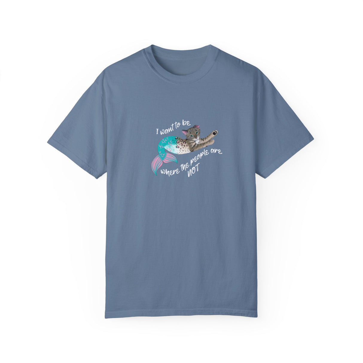 Mermaid Cat Purrmaid 'I Want to Be Where the People Are Not' Comfort Colors T-Shirt, shown in Blue Jean