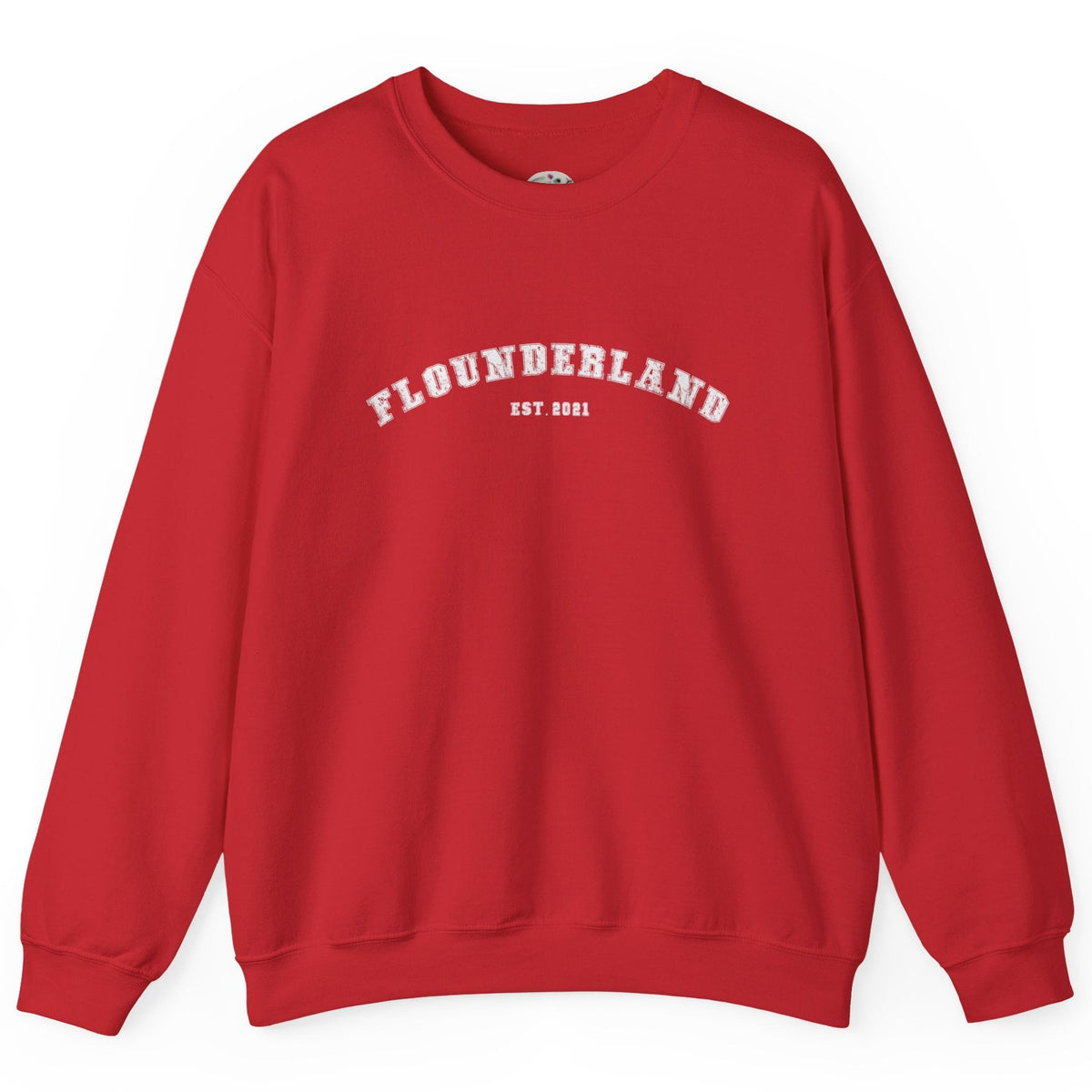 FlounderLand Collegiate Crewneck Sweatshirt - "EST. 2021", shown in Red