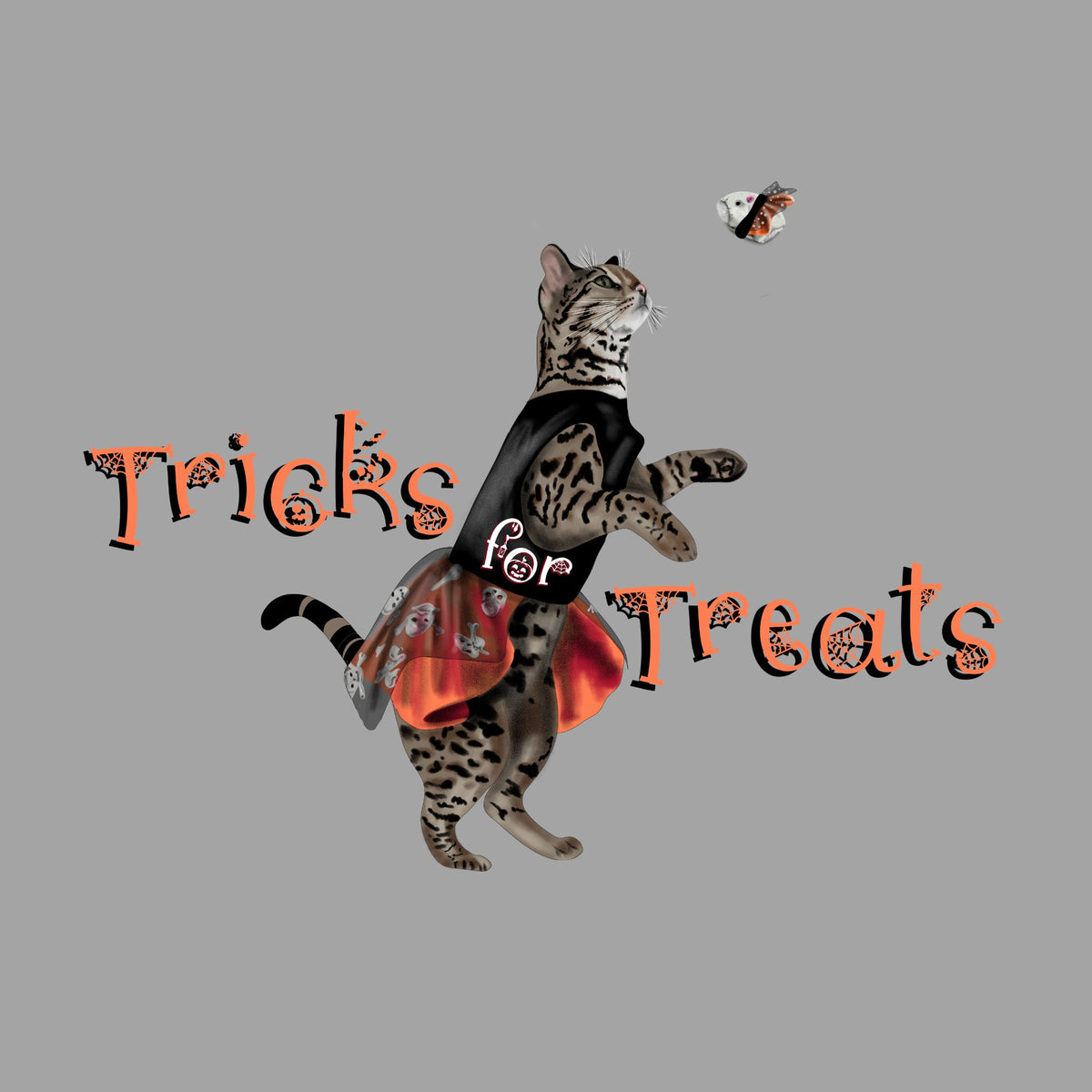 flounder cat and words that say tricks for treats
