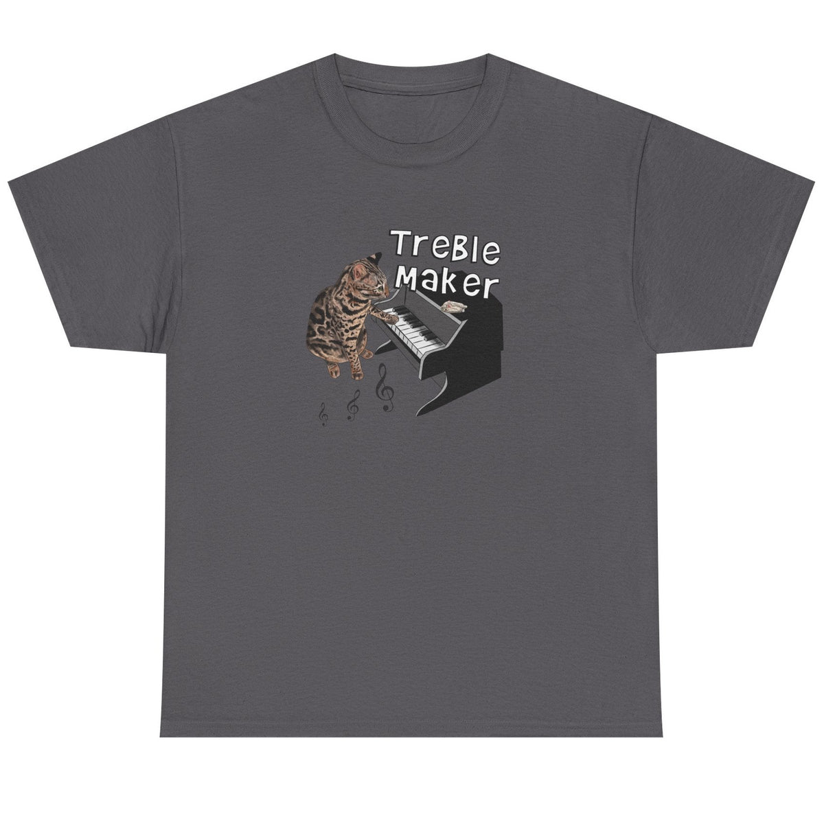 T-Shirt Treble Maker featuring Flounder the Purrmaid Playing Piano Design, shown in Charcoal