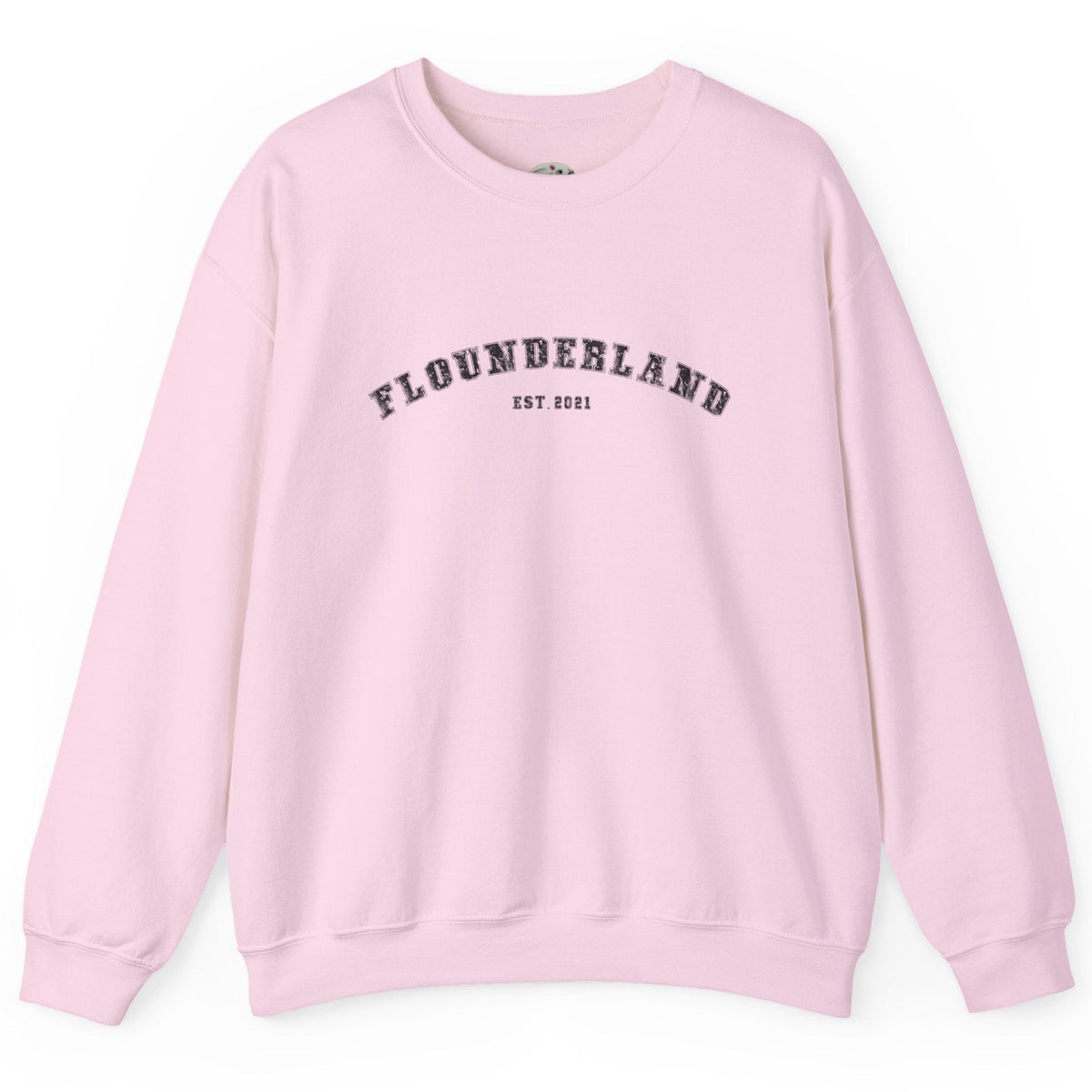 FlounderLand Collegiate Crewneck Sweatshirt - "EST. 2021", shown in Light Pink