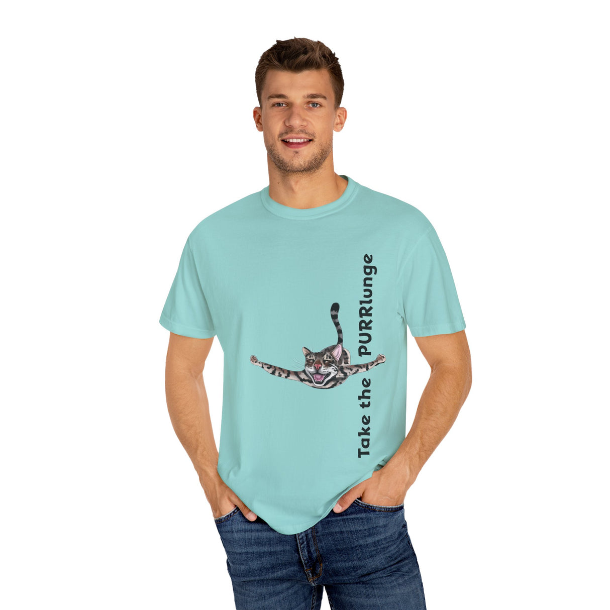 Purr-lunge Unisex T-shirt with Flounder the Purrmaid Design