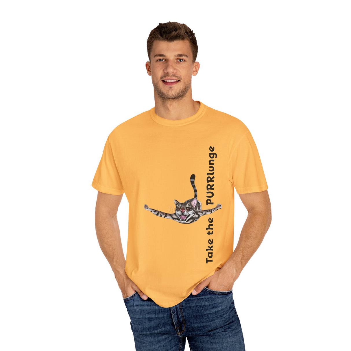 Purr-lunge Unisex T-shirt with Flounder the Purrmaid Design