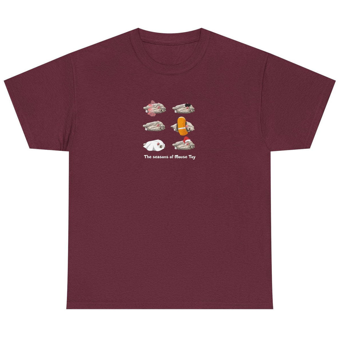 Seasons of Mouse Toy Unisex Tee - Santa Hat, Yamaka, Halloween Ghost, Ballet Tutu, Life Vest, shown in Maroon