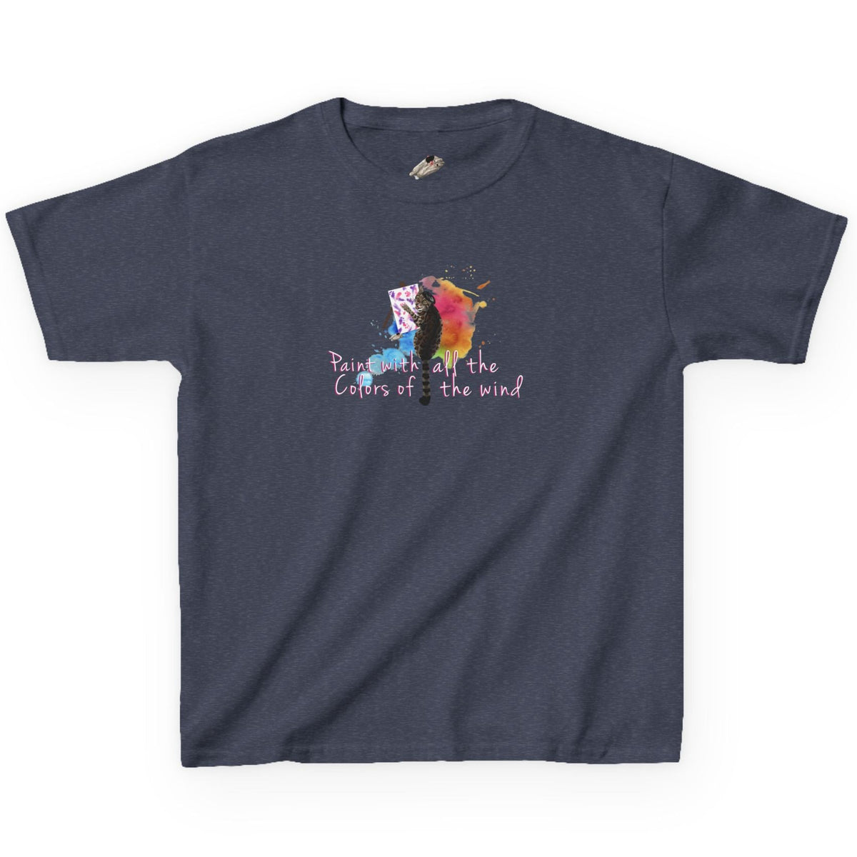 Kids Tee - “Paint With All The Colors Of The Wind” Flounder the Purrcasso Kids T-Shirt, shown in Heather Navy