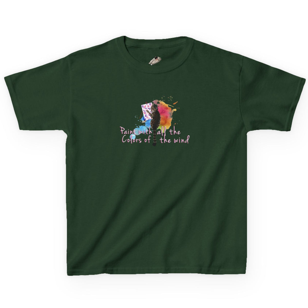 Kids Tee - “Paint With All The Colors Of The Wind” Flounder the Purrcasso Kids T-Shirt, shown in Forest Green