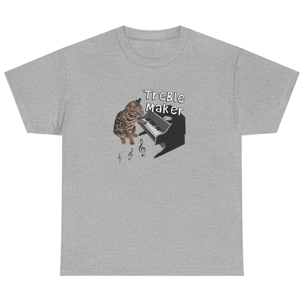T-Shirt Treble Maker featuring Flounder the Purrmaid Playing Piano Design, shown in Sport Grey