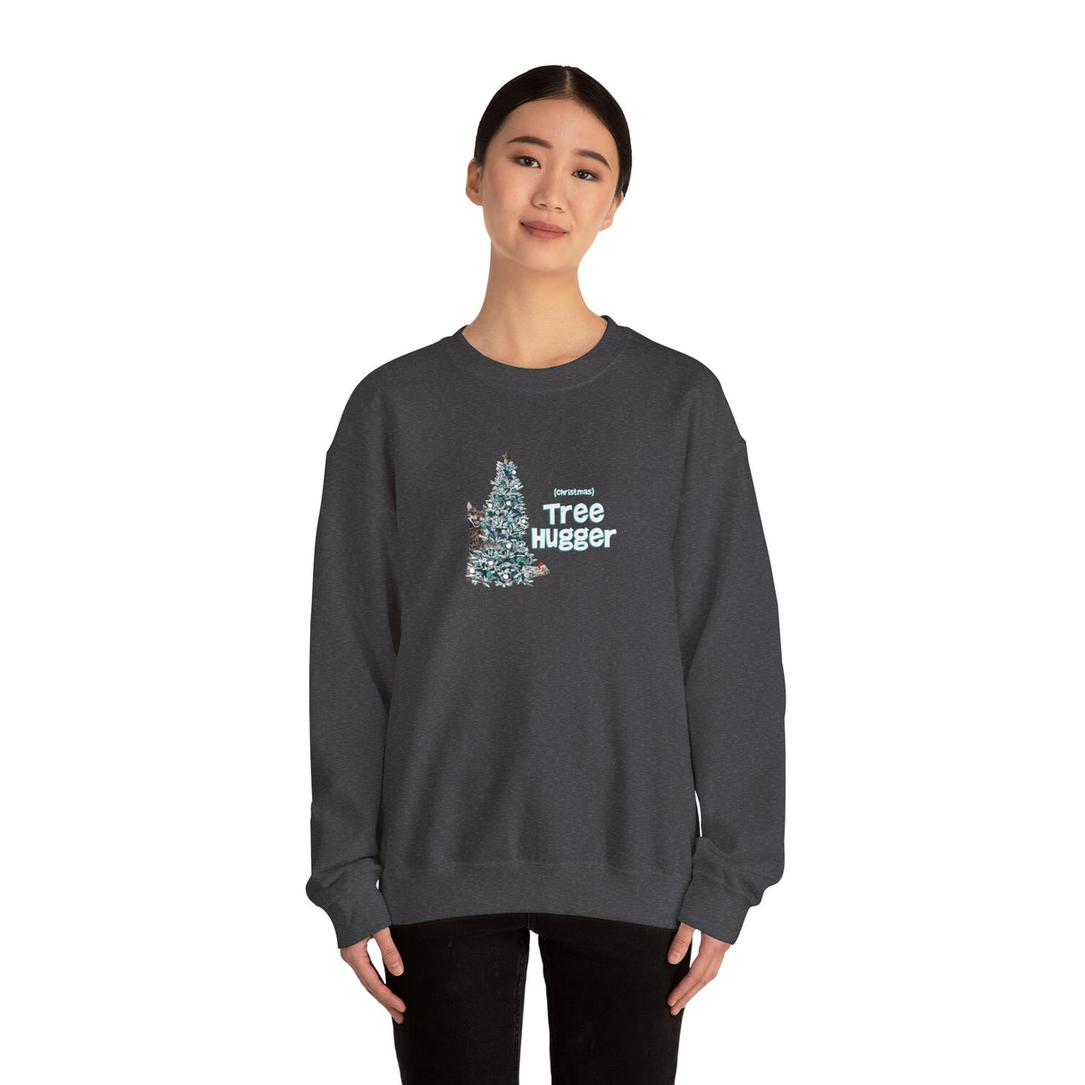 Crewneck Sweatshirt Christmas Tree Hugger Flounder the Purrmaid Design