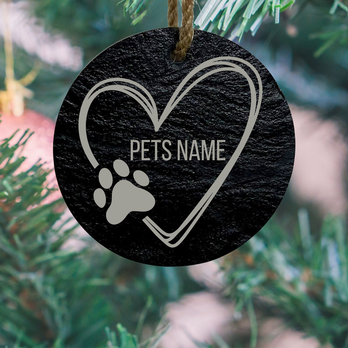 Custom Round Slate Pet Ornament with Name, Heart & Paw Print