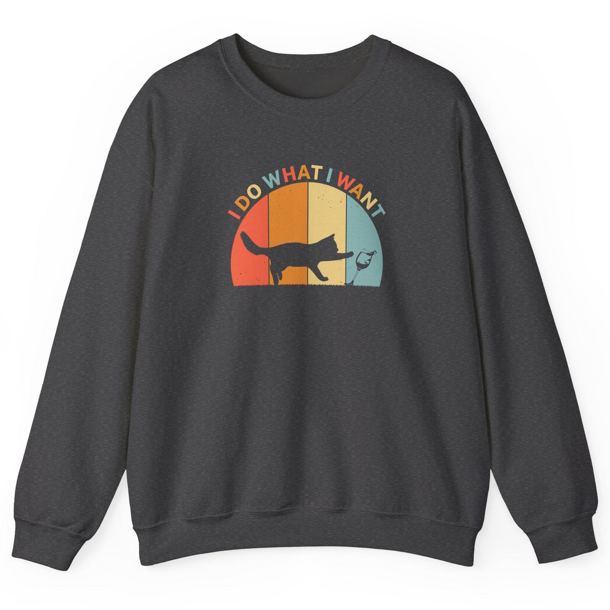 Crewneck Sweatshirt - 'I do what I want' Cat Retro Style, shown in Dark Heather