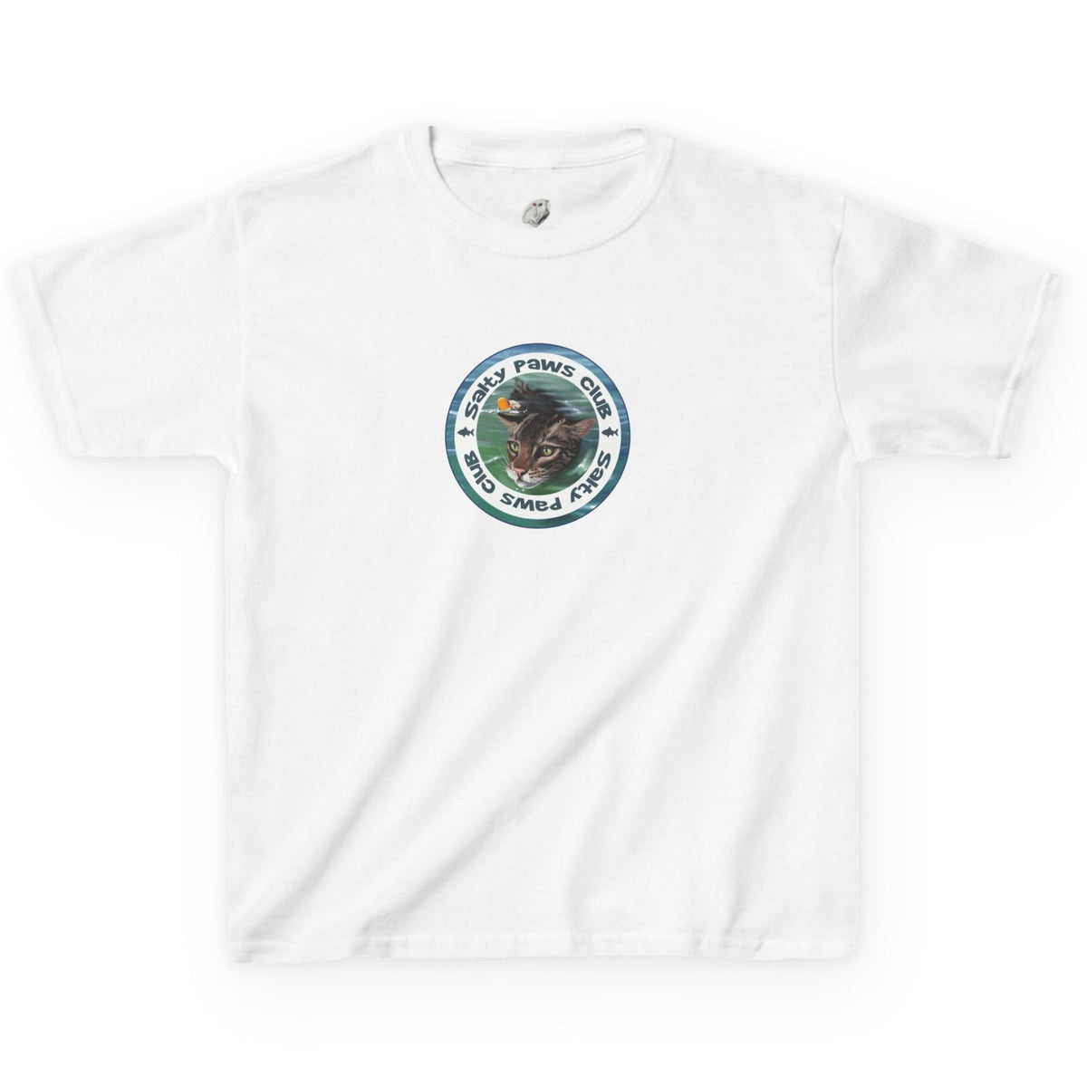 Kids Tee - "Salty Paws Club" Purrmaid Flounder & Life‑Vest Mouse Toy, shown in White