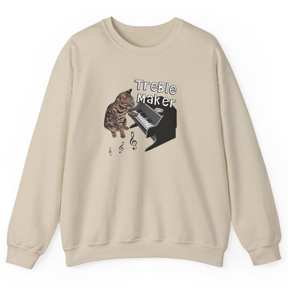 Unisex Sweatshirt - Treble Maker Design featuring Flounder the Purrmaid Playing Piano for, shown in Sand