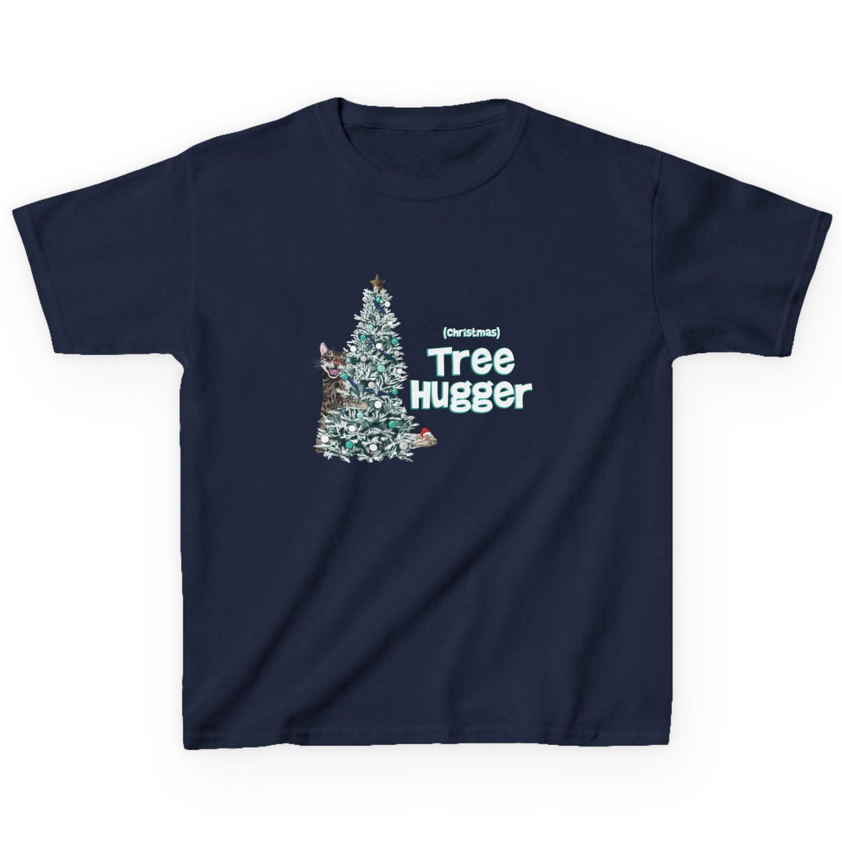Kids Tee Christmas Tree Hugger Flounder the Purrmaid Design, shown in Navy