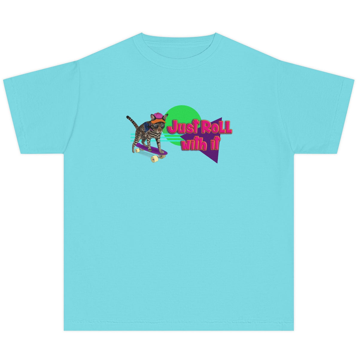 Youth Tee - Just Roll with it Flounder the Purrmaid Skateboard Design by Nina, shown in Lagoon Blue
