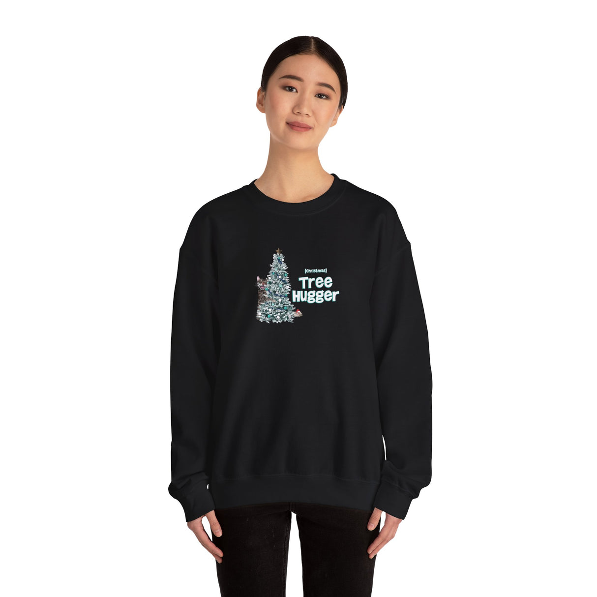 Crewneck Sweatshirt Christmas Tree Hugger Flounder the Purrmaid Design