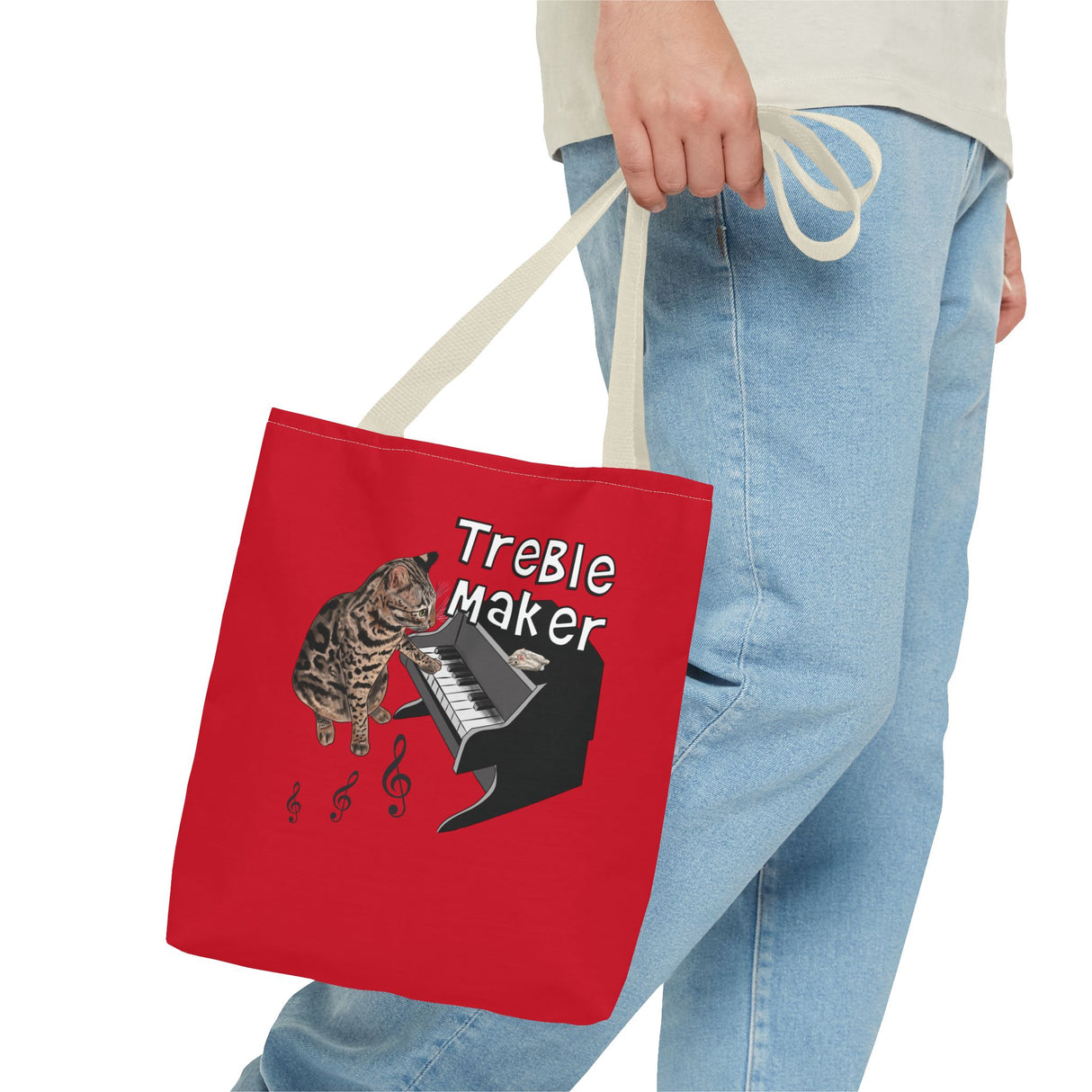 Tote Bag: Treble Maker Design by Nina featuring Flounder the Purrmaid Playing Piano for Mouse Toy