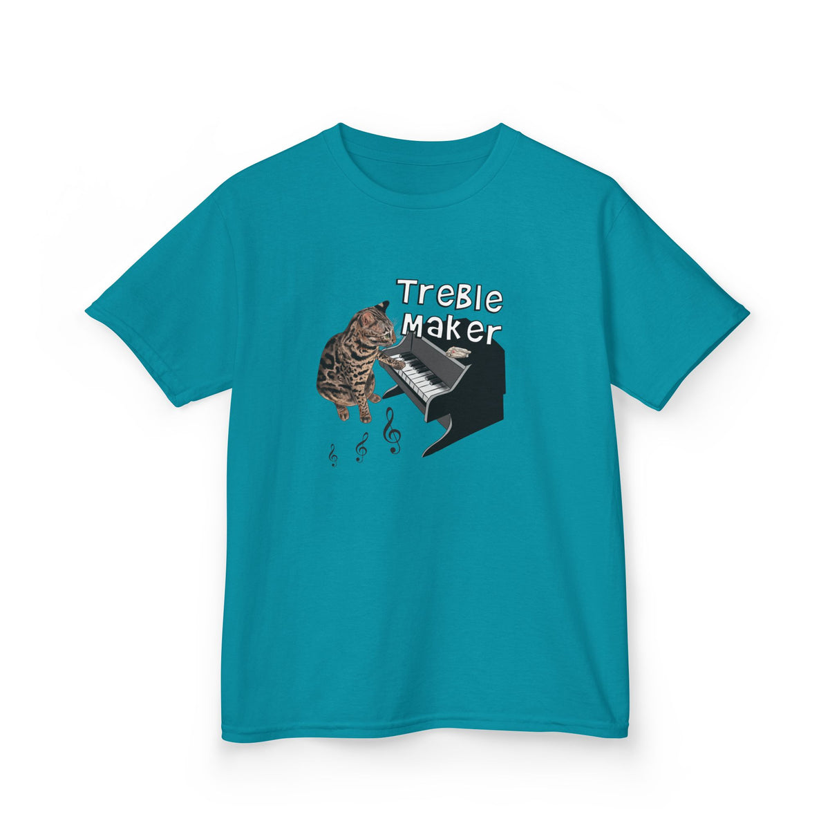 Kids Tee - Treble Maker Design Hand Drawn by Flounder's Mom, Nina Featuring Flounder the Purrmaid Playing Piano for Mouse Toy
