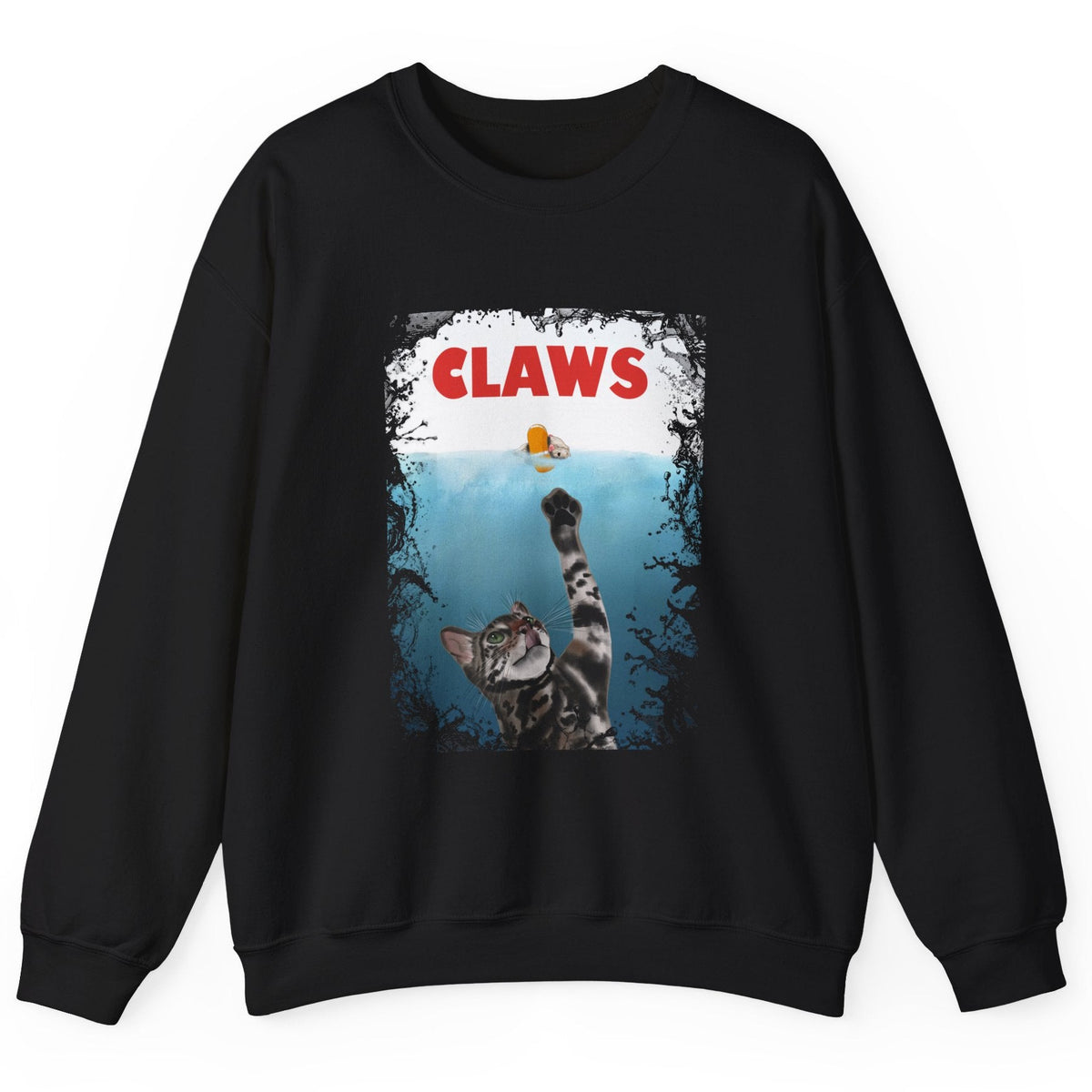 Funny Cat 'Claws' Unisex Crewneck Sweatshirt featuring Flounder and Mouse Toy, shown in Black