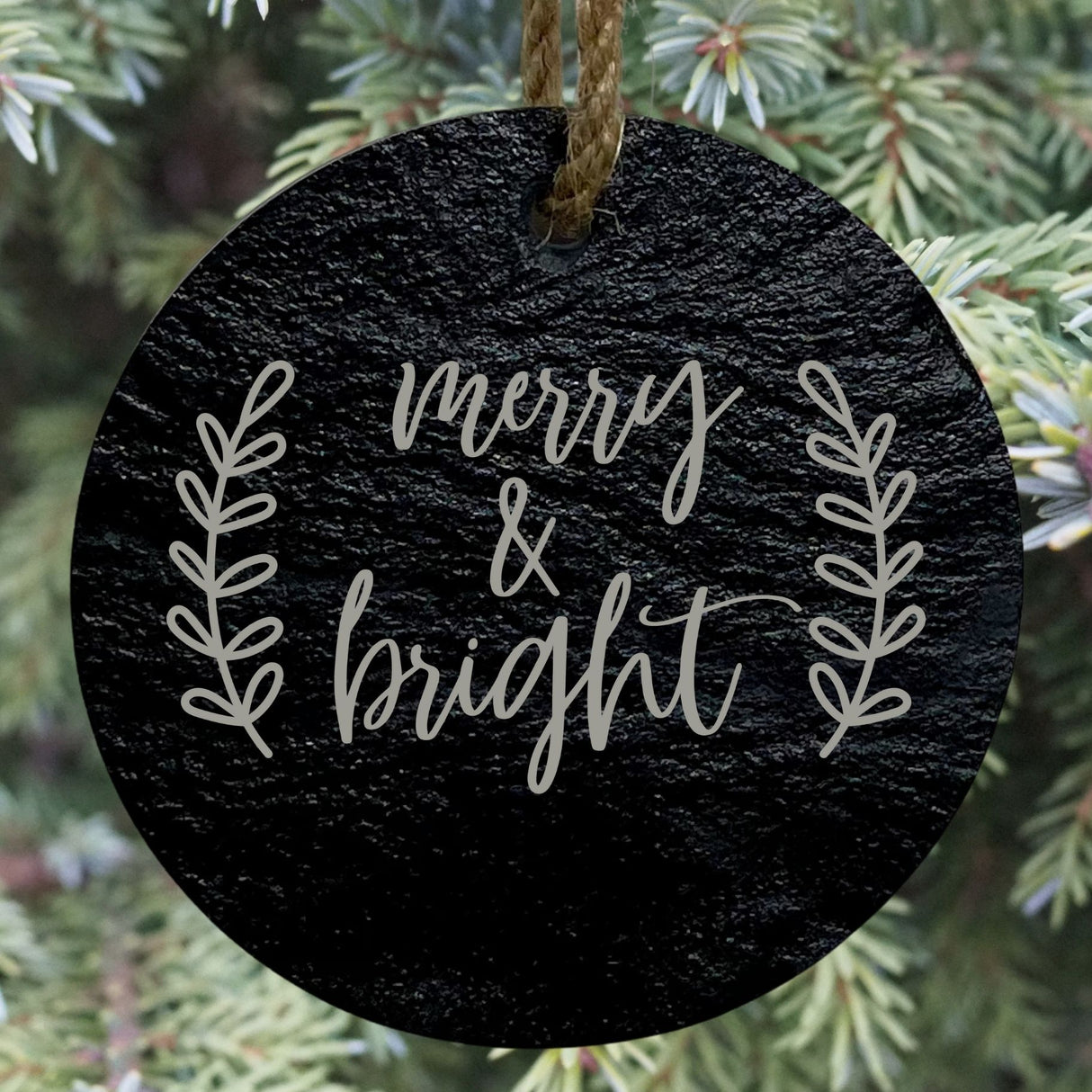 Merry & Bright 3” Round Slate Ornament - Festive Holiday Tree Decor