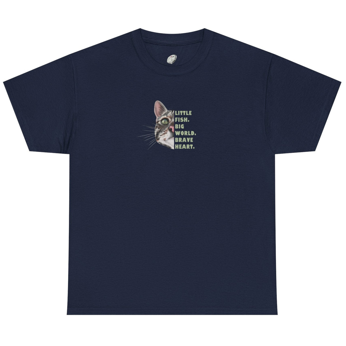 Navy blue t-shirt with a cat graphic and text on a white background