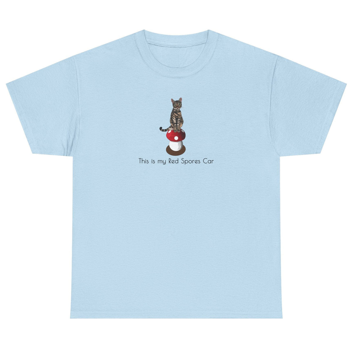 Red Spores Car Unisex Heavy Cotton Tee featuring Flounder and Mouse Toy on the Magical Mushroom, shown in Light Blue