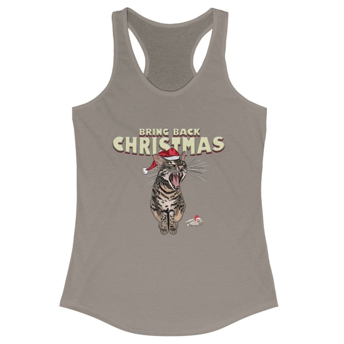 Flounder Cat “Bring Back Christmas” Women’s Racerback Tank - Festive Style, shown in Solid Warm Gray