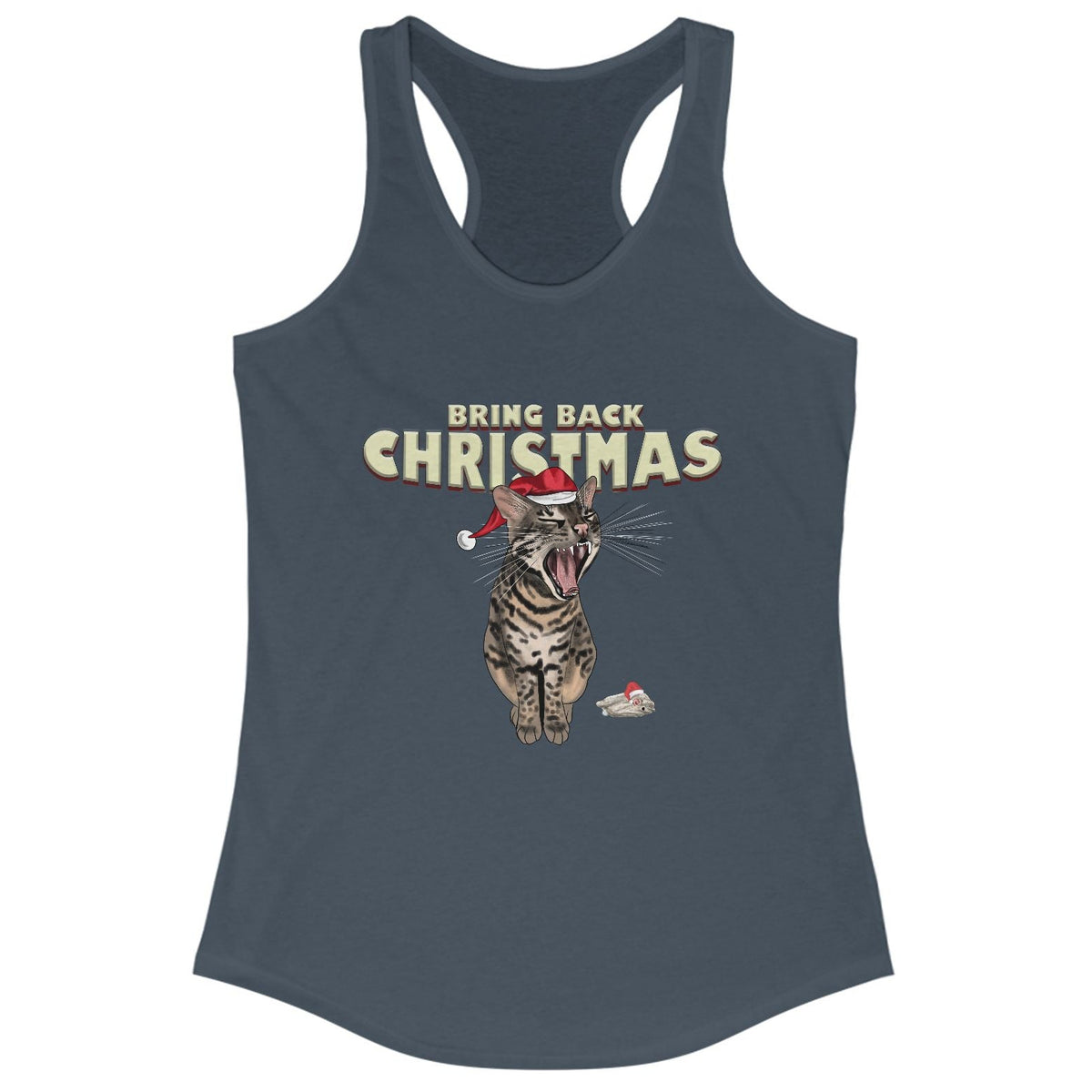 Flounder Cat “Bring Back Christmas” Women’s Racerback Tank - Festive Style, shown in Solid Indigo