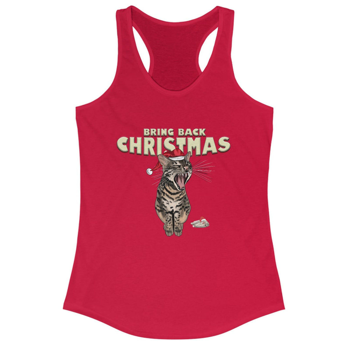 Flounder Cat “Bring Back Christmas” Women’s Racerback Tank - Festive Style, shown in Solid Red