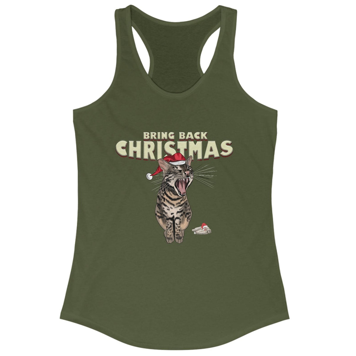 Flounder Cat “Bring Back Christmas” Women’s Racerback Tank - Festive Style, shown in Solid Military Green