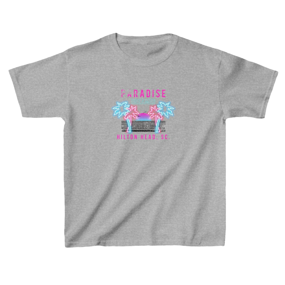 Paradise Dreamer Hilton Head retro palm trees kids tee in sport grey