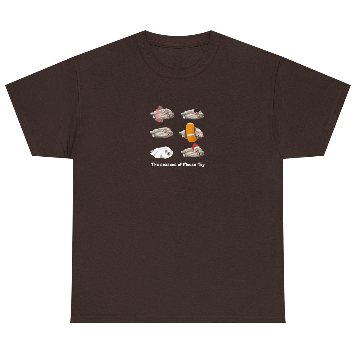Seasons of Mouse Toy Unisex Tee - Santa Hat, Yamaka, Halloween Ghost, Ballet Tutu, Life Vest, shown in Dark Chocolate