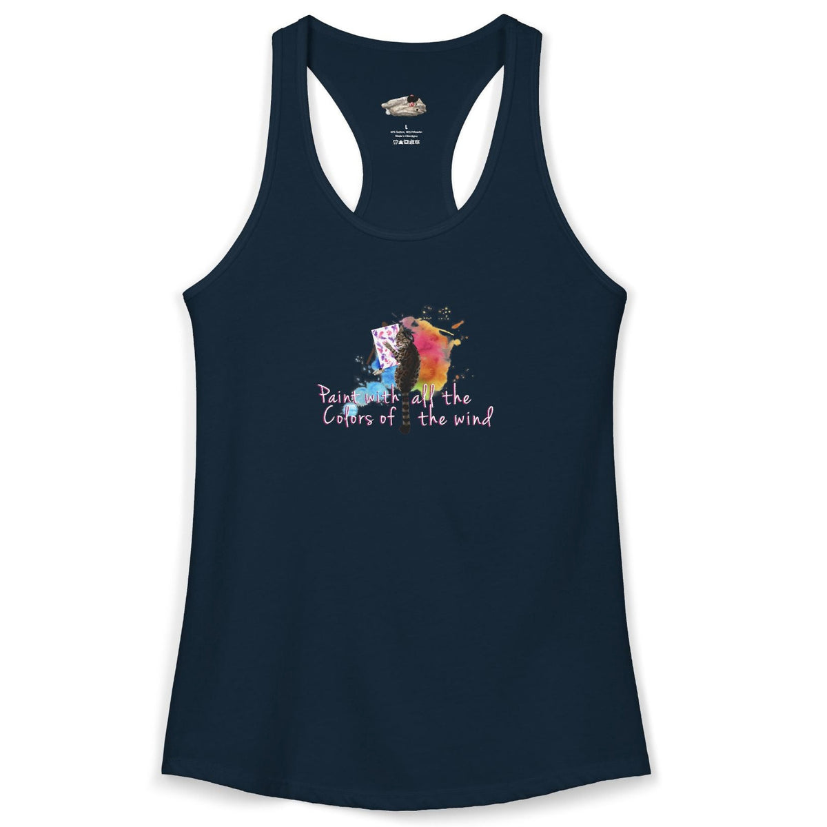 Women's Racerback Tank - "Paint With All the Colors of the Wind" Flounder the Purrcasso Art, shown in Solid Midnight Navy