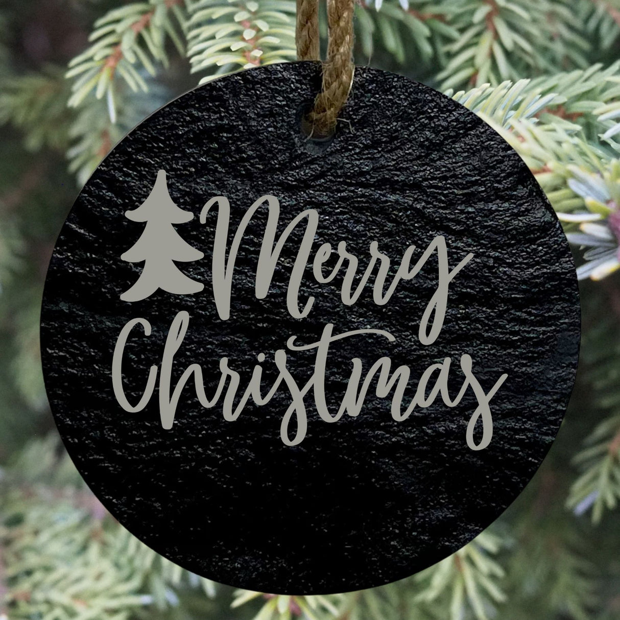 Merry Christmas 3” Round Slate Ornament - Classic Holiday Tree Decor