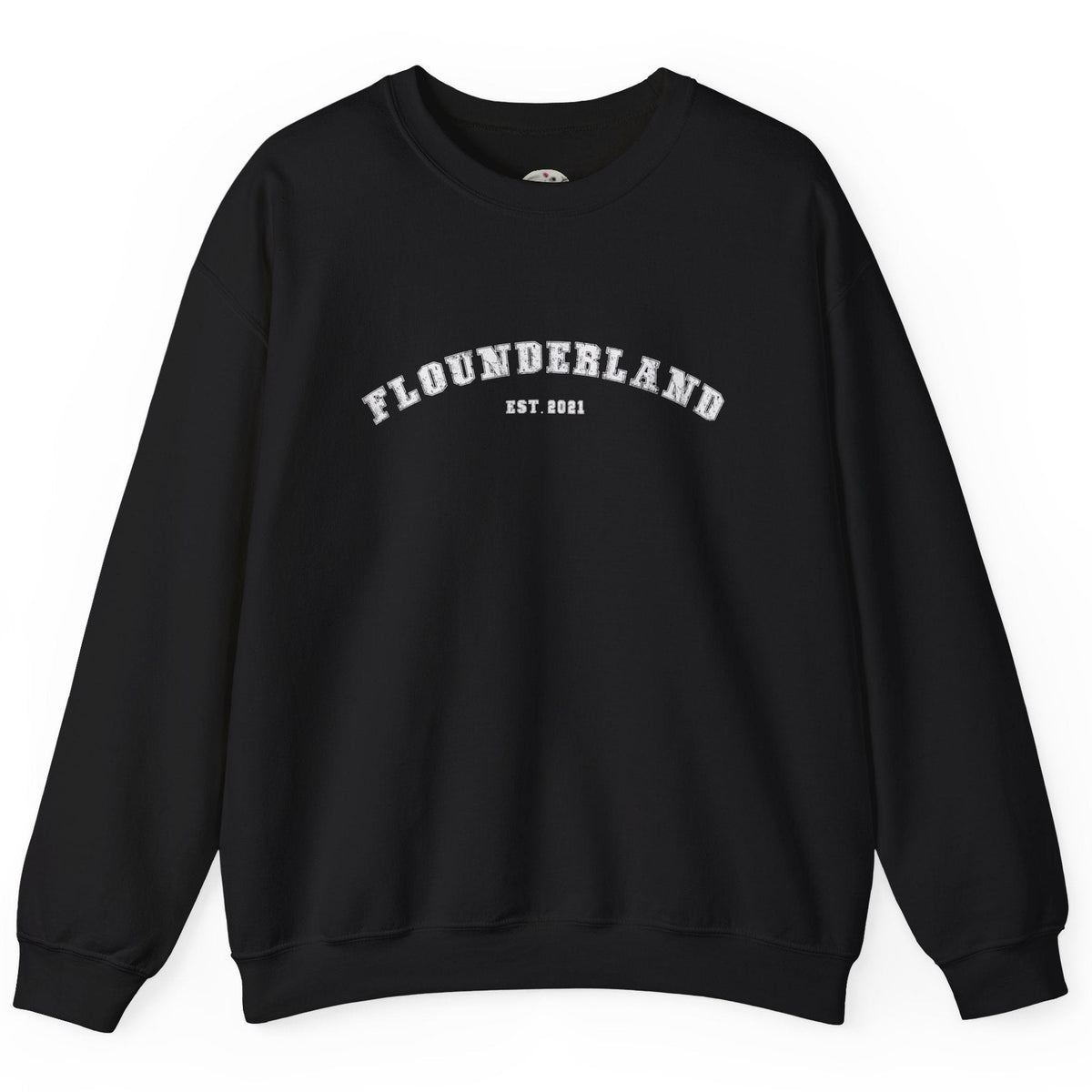 FlounderLand Collegiate Crewneck Sweatshirt - "EST. 2021", shown in Black