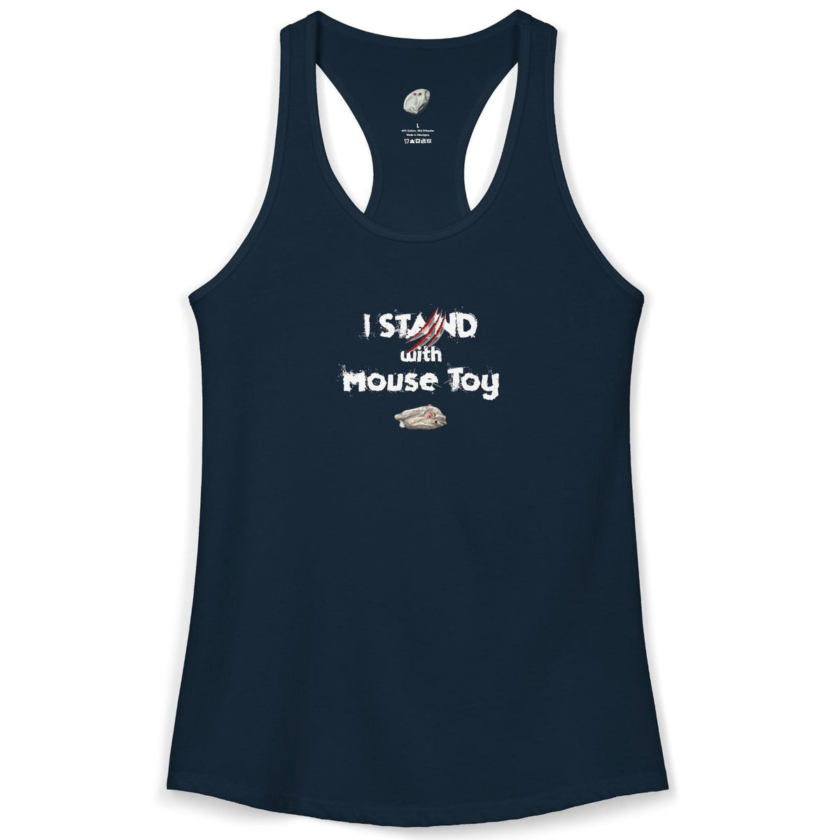 "I Stand with Mouse Toy" Women's Racerback Tank, shown in Solid Midnight Navy
