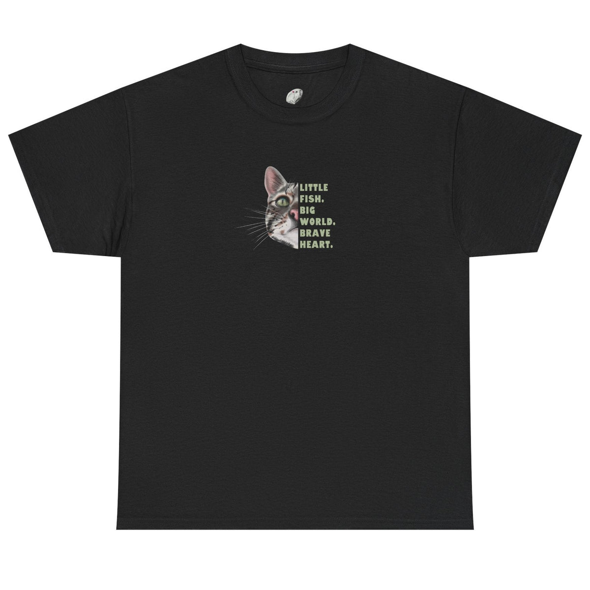 Black t-shirt with a cat graphic and text on a white background