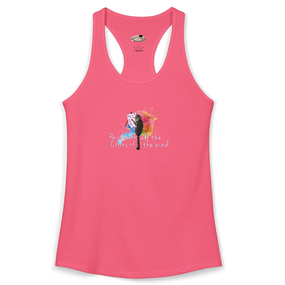 Women's Racerback Tank - "Paint With All the Colors of the Wind" Flounder the Purrcasso Art, shown in Hot Pink