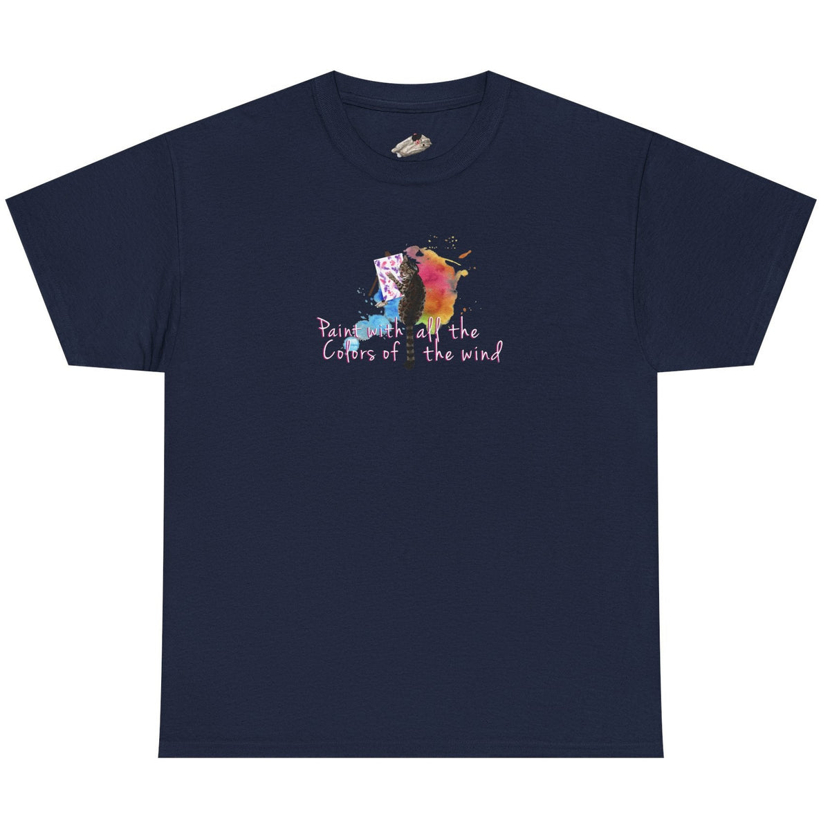 Flounder the Purrcasso T-Shirt - "Paint With All the Colors of the Wind" Cat Art Tee, shown in Navy