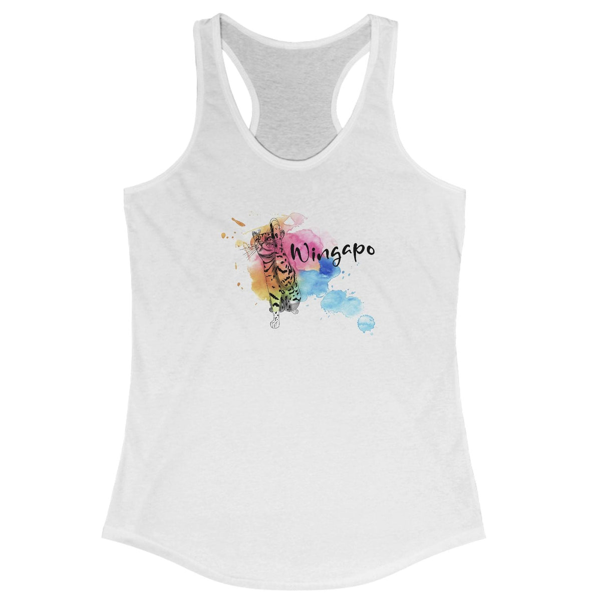 Racerback Tank - Wingapo Watercolor Design with Flounder the Purrmaid by Nina, shown in Solid White