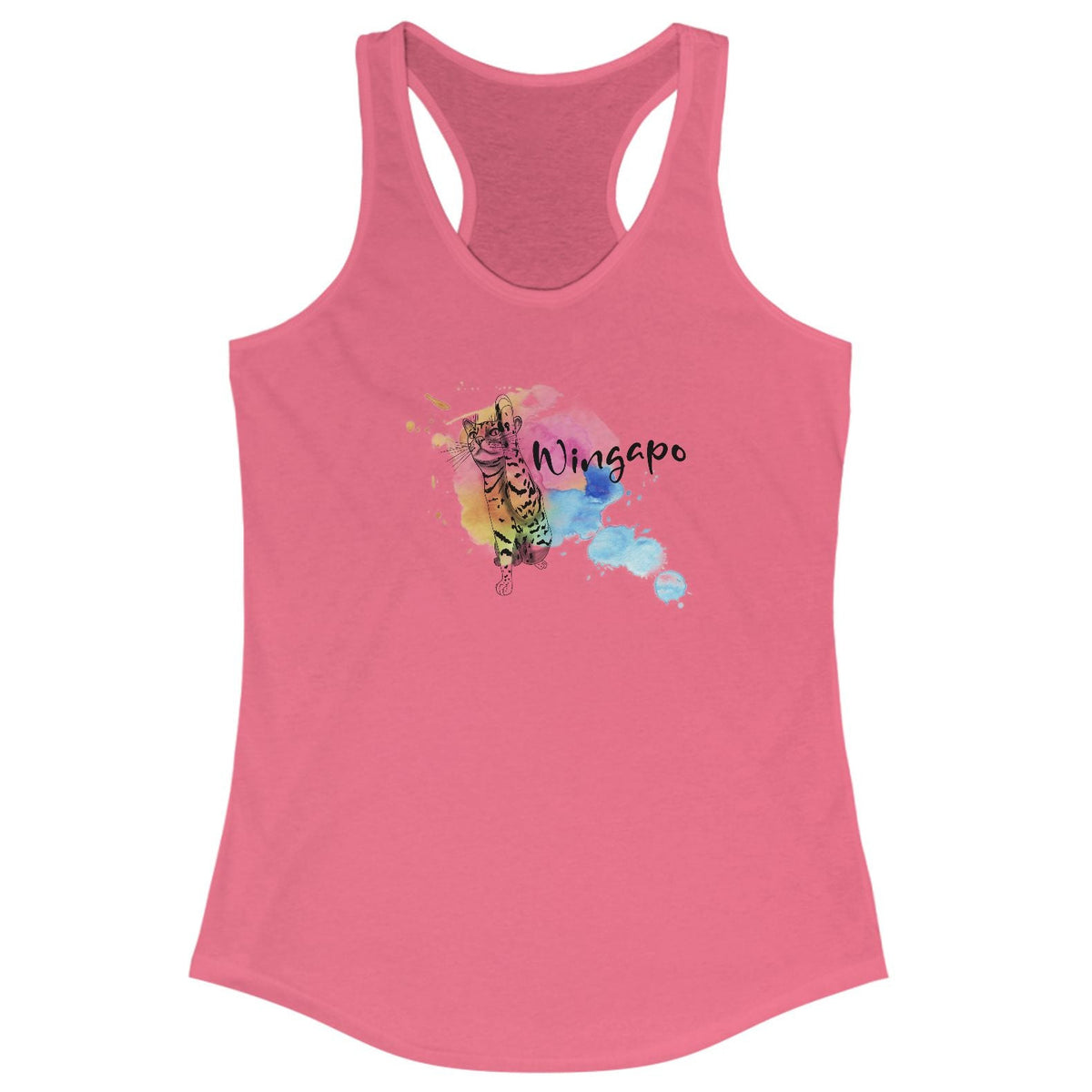 Racerback Tank - Wingapo Watercolor Design with Flounder the Purrmaid by Nina, shown in Hot Pink