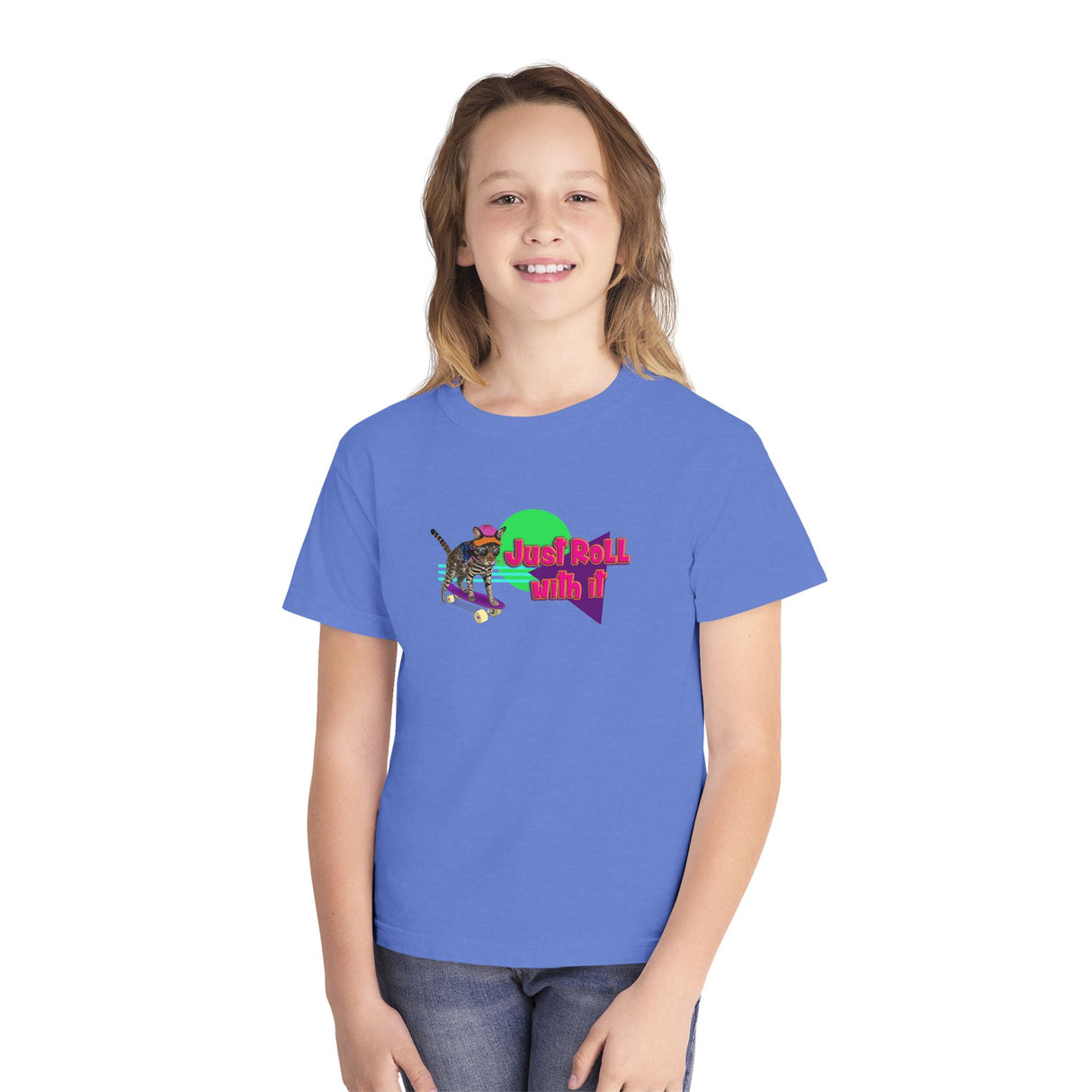 Youth Tee - Just Roll with it Flounder the Purrmaid Skateboard Design by Nina