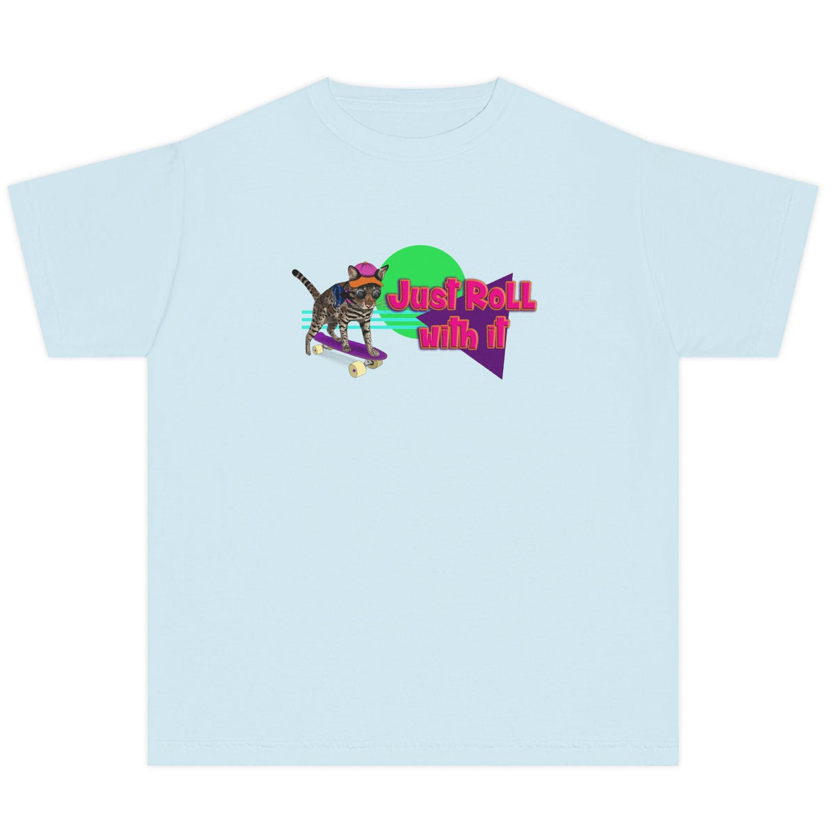 Youth Tee - Just Roll with it Flounder the Purrmaid Skateboard Design by Nina, shown in Chambray