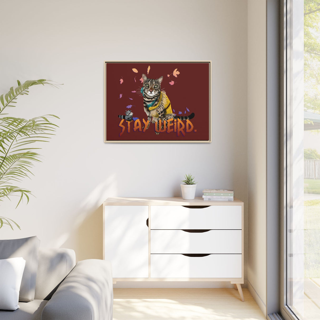 Stay Weird Matte Canvas Print — Flocahontas & Mouse Toy (Framed)