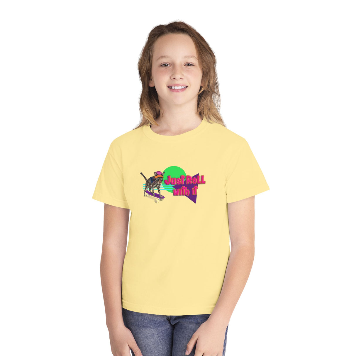 Youth Tee - Just Roll with it Flounder the Purrmaid Skateboard Design by Nina