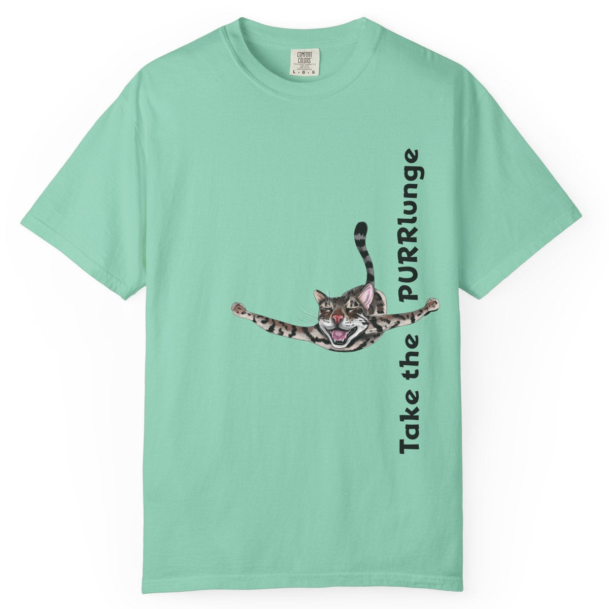Purr-lunge Unisex T-shirt with Flounder the Purrmaid Design, shown in Island Reef