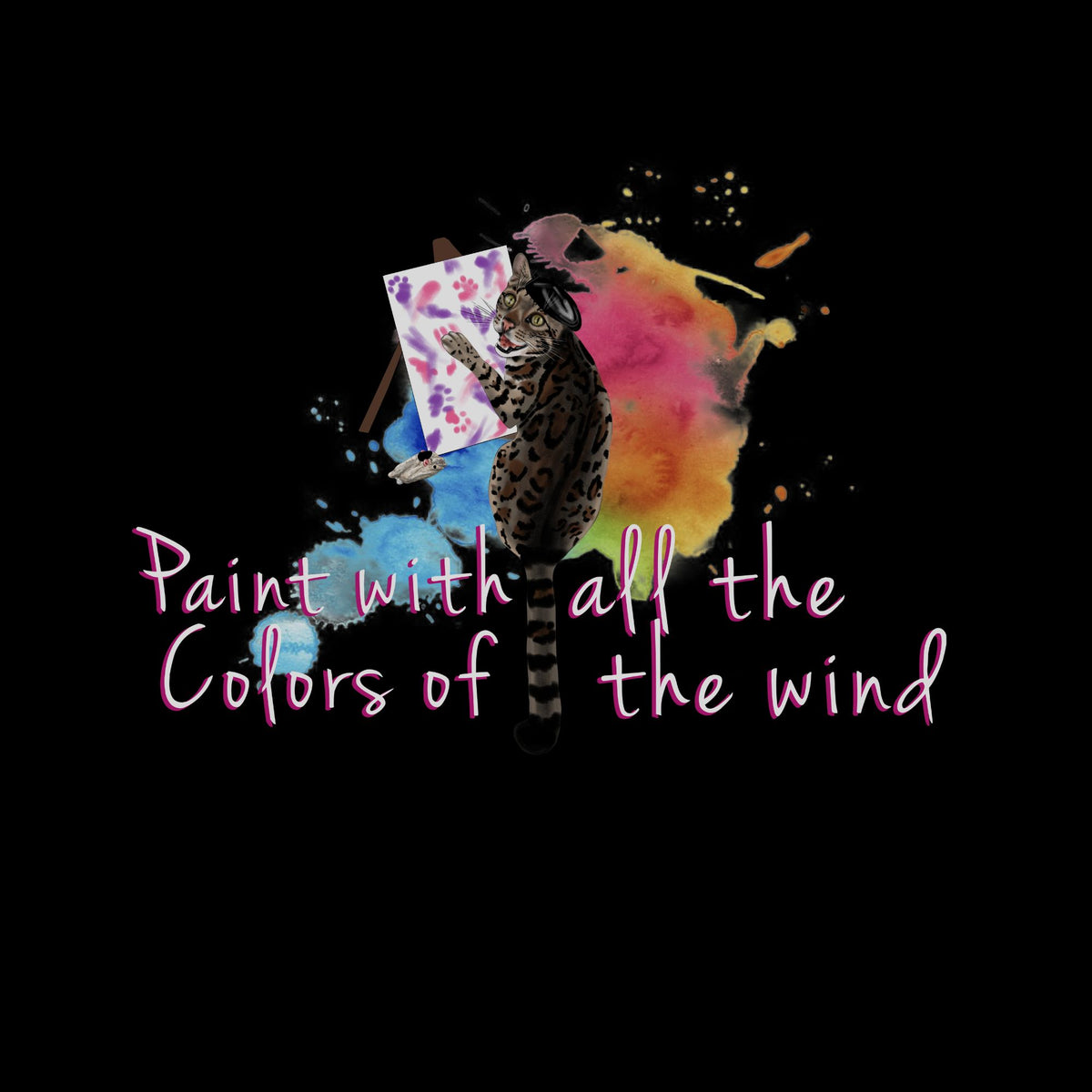 Flounder in a black beret painting at an easel, watercolor burst behind her, with the words Paint with all the Colors of the Wind